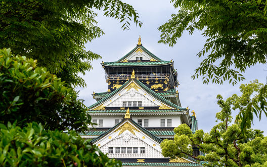 Обои на рабочий стол Замок с деревьями на фоне голубого неба, Осака / Osaka, Япония / Japan, by dconvertini