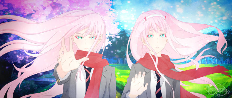 Обои на рабочий стол Zero Two / Зеро Ту из аниме Darling in the FranXX / Милый во Франксе, by Rakunite