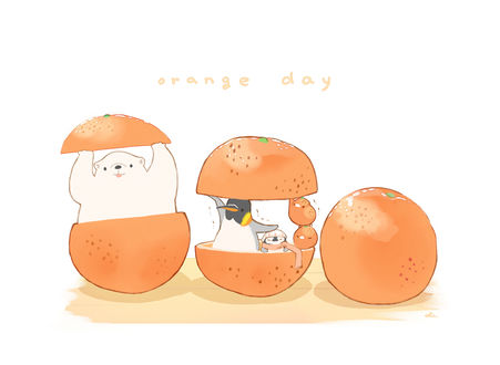Обои на рабочий стол Белый мишка, пингвины и птички внутри апельсинов (Orange day)