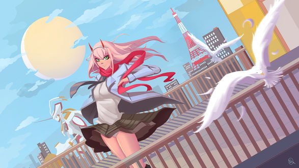 Обои на рабочий стол Zero Two / Зеро Ту из аниме Darling in the FranXX / Милый во Франксе, by Blueakasa