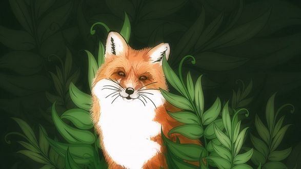 Обои на рабочий стол Рыжая лиса среди зеленой растительности, by Yulia Davidovich