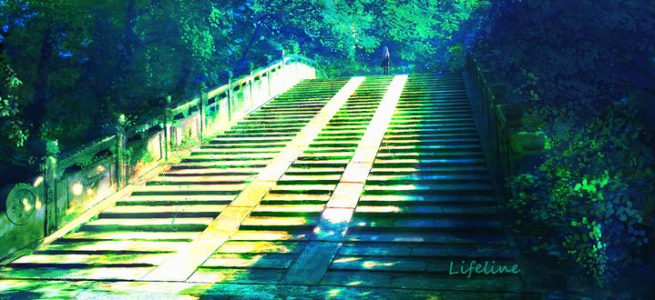Обои на рабочий стол Девушка стоит на лестнице среди деревьев, by Lifeline