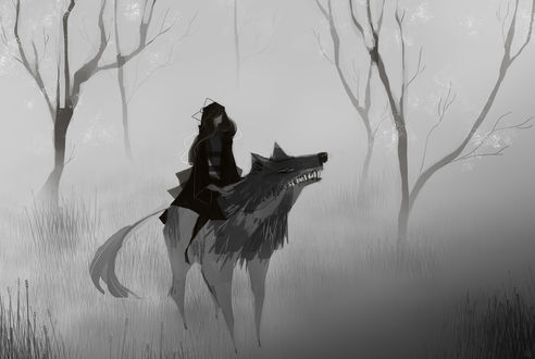 Обои на рабочий стол Длинноволосая девушка верхом на волке, by SagaTale