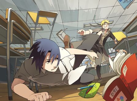 Обои на рабочий стол Uchiha Sasuke / Саске Учиха и Uzumaki Naruto / Наруто Узумаки дерутся в классе из аниме Naruto / Наруто