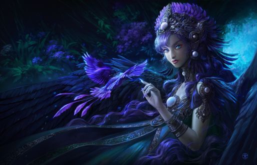 Обои на рабочий стол Девушка - эльфийка с птицей над рукой, by Yangtian Li
