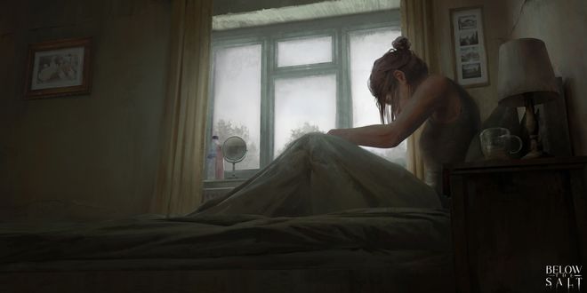 Обои на рабочий стол Девушка сидит на кровати, by Connor Sheehan