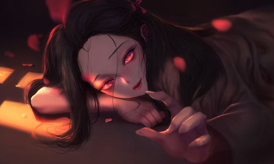 Обои на рабочий стол Kamado Nezuko / Нэдзуко Камадо лежит на полу, персонаж из манги и аниме Kimetsu no Yaiba / Клинок, рассекающий демонов, art by Baikalseal