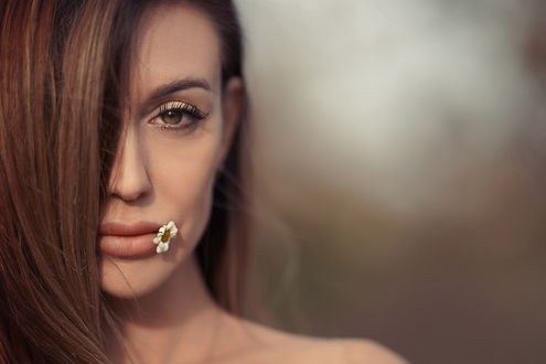 Обои на рабочий стол Девушка с ромашкой во рту. Фотограф Photographyzp Yana
