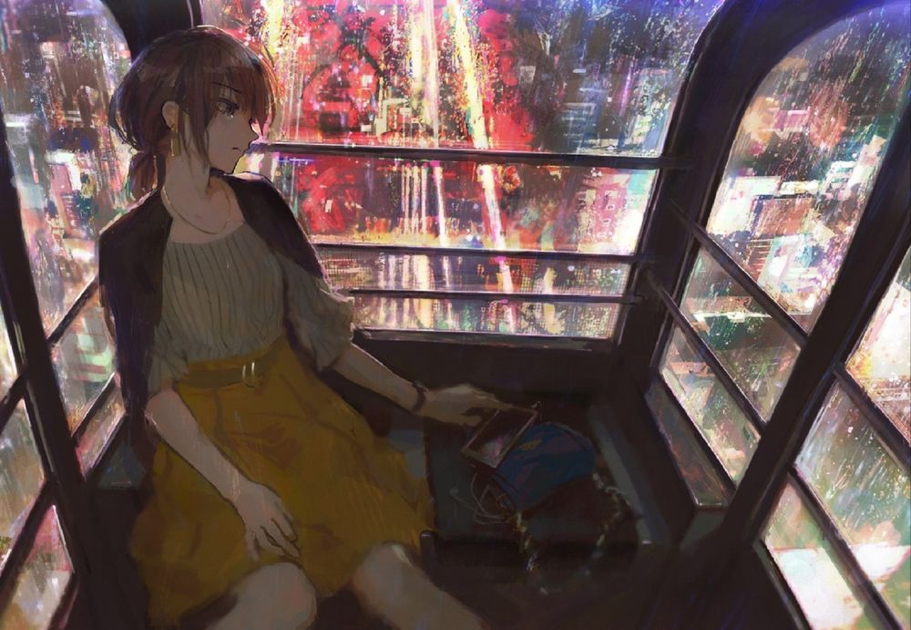 Обои для рабочего стола Девушка в кабинке колеса обозрения в желтой юбке, блузе и жакете сидит рядом с телефоном и сумочкой на фоне ночного города, автор Tentsuu (Tentwo)