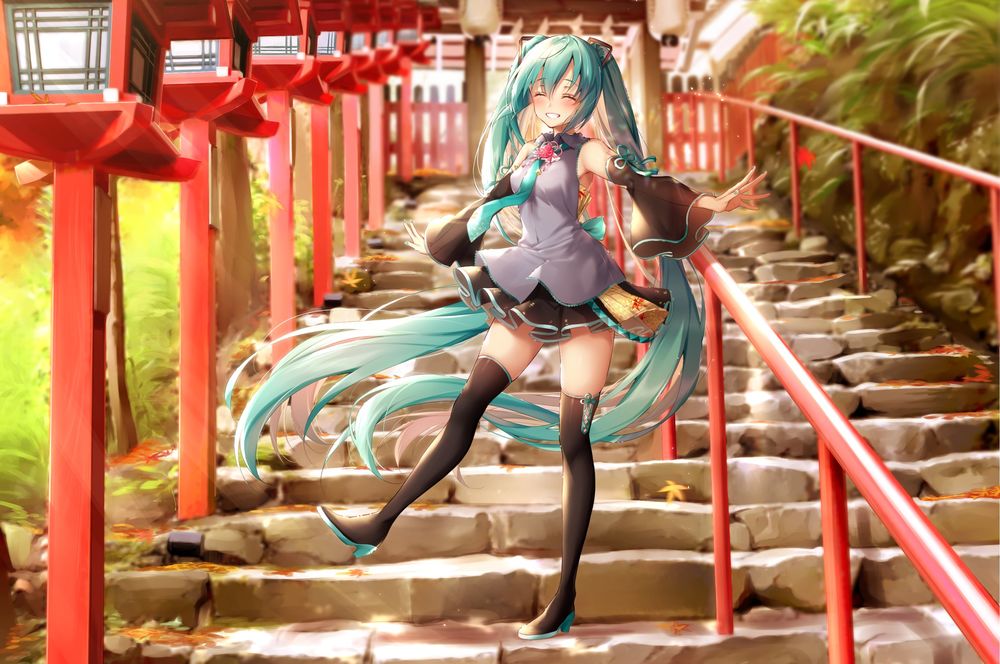 Обои для рабочего стола Vocaloid Hatsune Miku / Вокалоид Хатсунэ Мику стоит на ступеньках