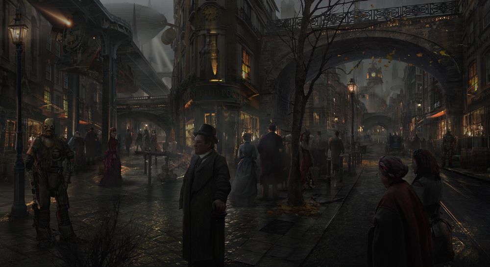 Обои для рабочего стола Старинный город с гуляющими людьми, by Eddie Mendoza