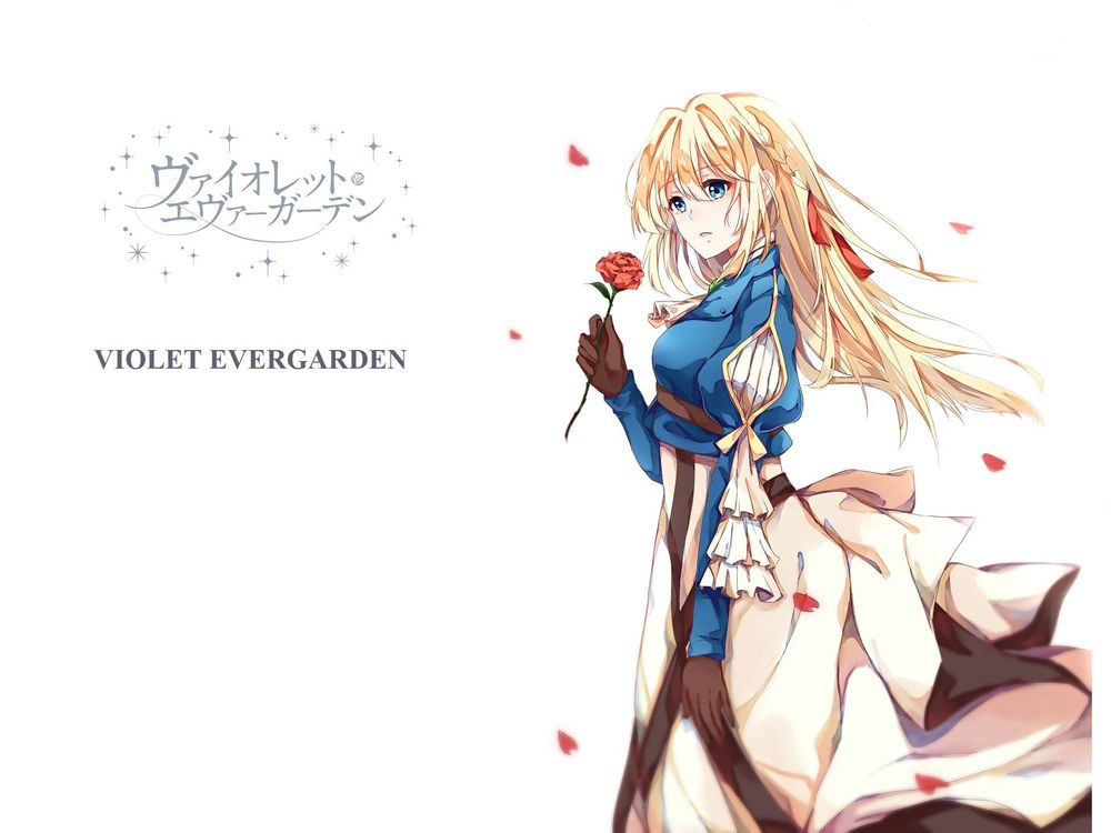 Обои для рабочего стола Violet Evergarden / Вайолет Эвергарден с красной розой из аниме Violet Evergarden / Вайолет Эвергарден