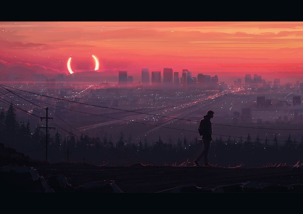 Обои для рабочего стола Мужчина идет вдоль обрыва с видом на город, by Alena Aenami