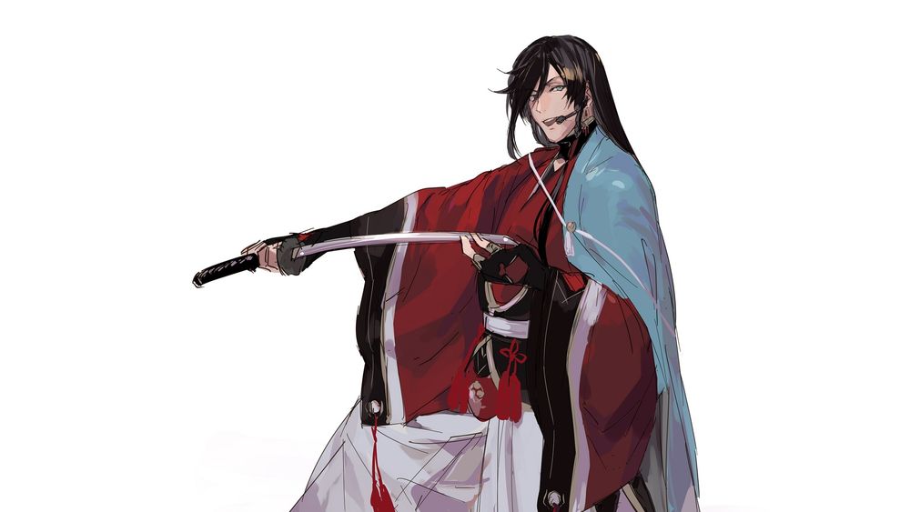 Обои для рабочего стола Izumi no Kami / Изуми но Ками с катаной на белом фоне из игры Touken Ranbu / Танец мечей