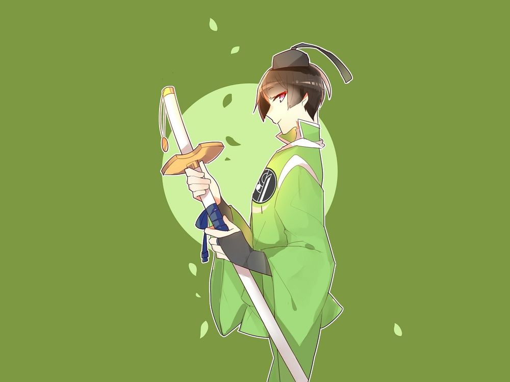 Обои для рабочего стола Ishikirimaru Ишикиримару с катаной на зеленом фоне, персонаж из игры и аниме Touken Ranbu / Танец мечей