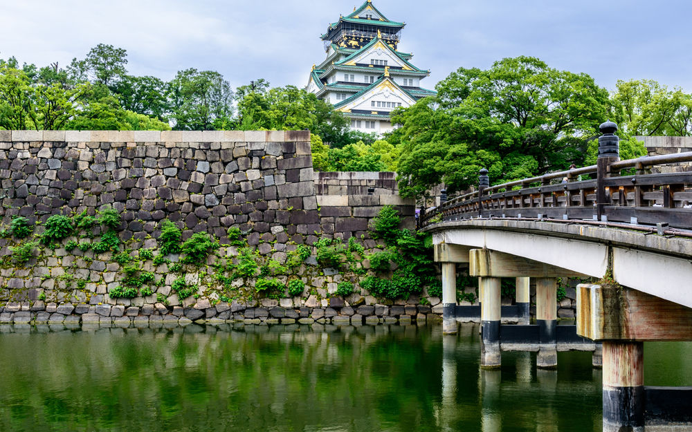 Обои для рабочего стола Замок среди деревьев, каменная стена и мост, Осака / Osaka, Япония / Japan, by dconvertini