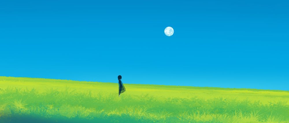 Обои для рабочего стола Девочка стоит на цветочном поле на фоне неба, by gracile