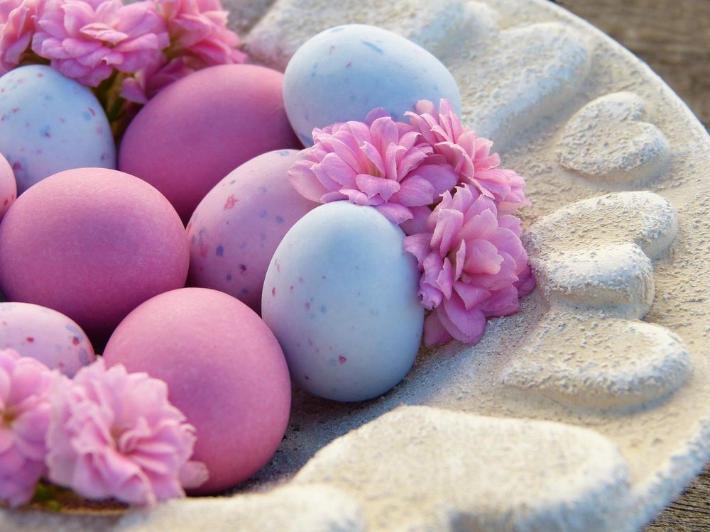 Обои для рабочего стола Разноцветные пасхальные яйца и бутоны цветов лежат на тарелке, by Silvia