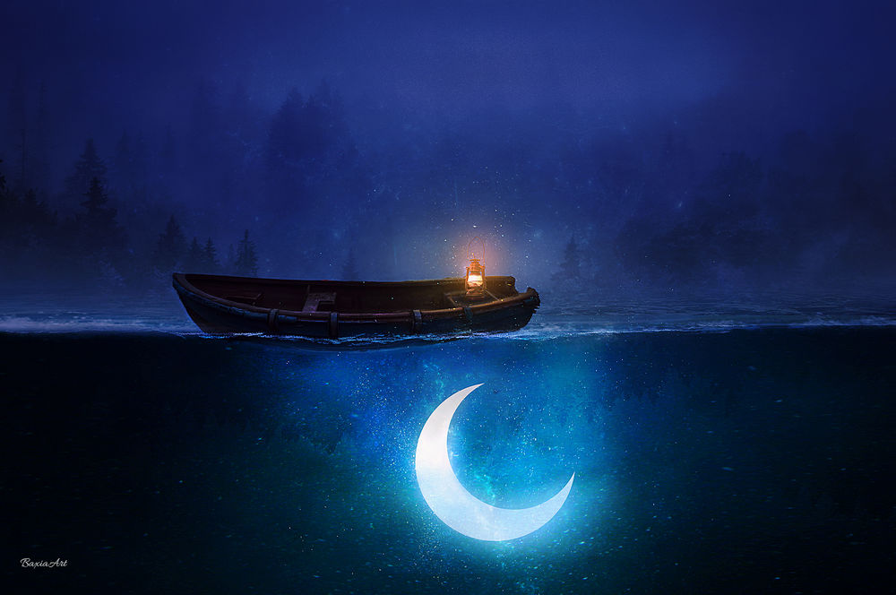 Обои для рабочего стола Лодка с фонарем на воде, в которой светиться месяц, by BaxiaArt