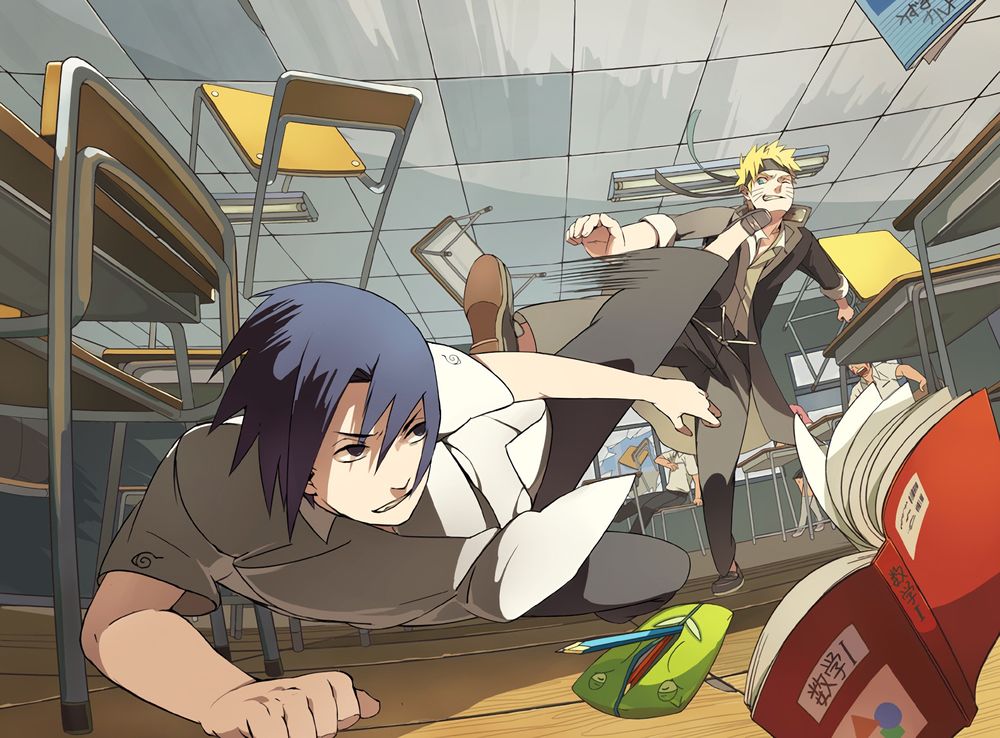 Обои на рабочий стол Uchiha Sasuke / Саске Учиха и Uzumaki Naruto / Наруто  Узумаки дерутся в классе из аниме Naruto / Наруто, обои для рабочего стола,  скачать обои, обои бесплатно