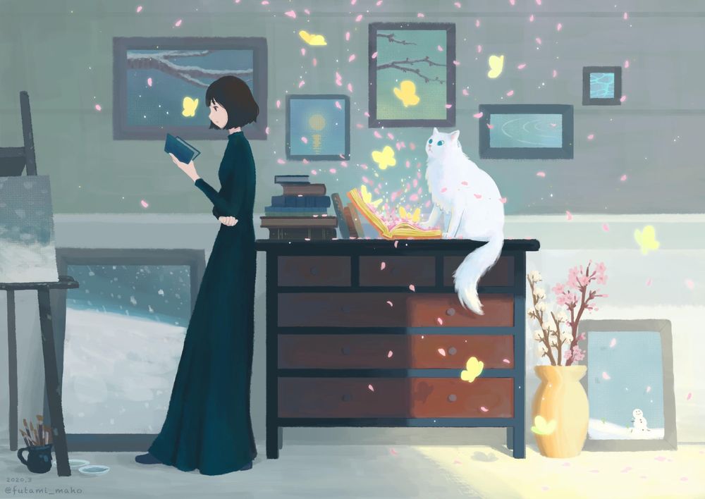 Обои для рабочего стола Девушка с книгой в руке стоит у камода, на котором сидит белая кошка
