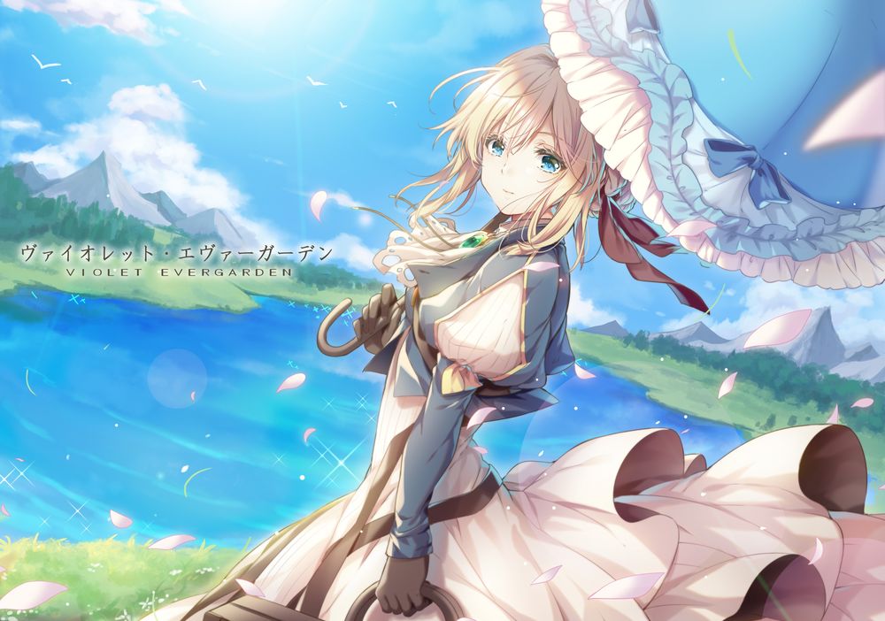 Обои для рабочего стола Violet Evergarden / Вайолет Эвергарден с зонтом на берегу озера из аниме Violet Evergarden