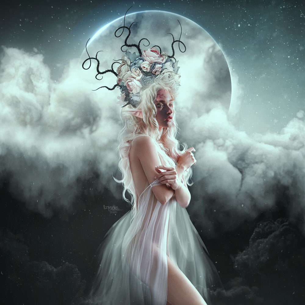 Обои для рабочего стола Девушка - фея с цветами на голове стоит на фоне поной луны за облаками, by Kryseis-Art
