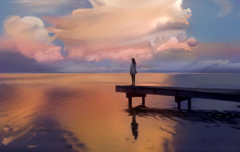 Обои для рабочего стола Девушка стоит на мостике на фоне облачного неба, автор Chaiyanun Kesorn