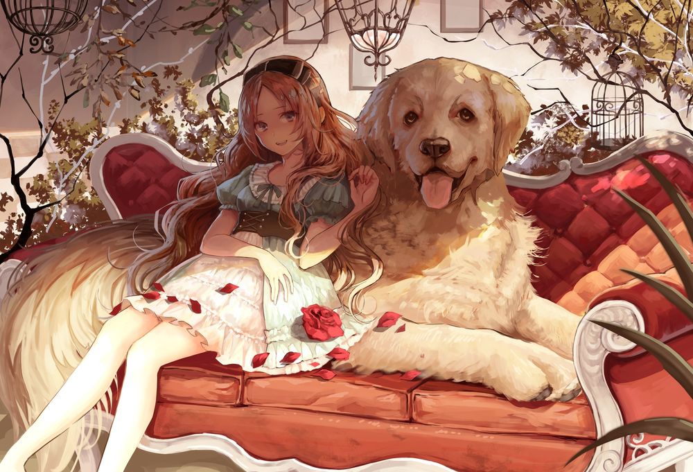 Обои для рабочего стола Девочка сидит рядом с собакой на диване, anime original by Mai Okuma