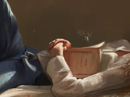 Обои на рабочий стол Девушка с книгой лежит постели, by Ceren Demiral