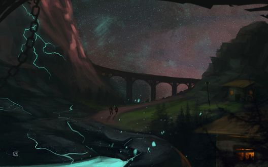 Обои на рабочий стол Два скитальца покинули дом поздно ночью и отправились по дороге, исчезающей под мостом, иллюстратор Ceren Demiral
