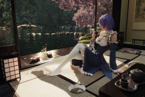 Обои на рабочий стол Rem / Рэм сидит на полу в комнате с чашкой в руке, Re Zero Kara Hijimeru Isekai Seikatsu / Жизнь с нуля в другом мире, by Rui Li