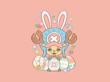Обои на рабочий стол Tony Chopper в образе пасхального кролика среди крашенных яиц из аниме One Piece, by Eiichiro Oda