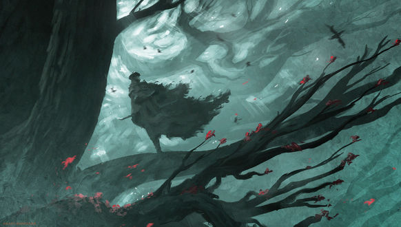 Обои на рабочий стол Девушка стоит на ветке дерева, фан арт из видеоигры Bloodborne, by Anato Finnstark
