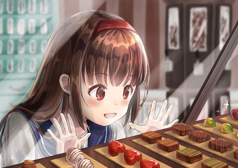 Обои на рабочий стол Анимешная девушка смотрит на сладости, by fumizuki