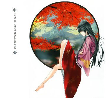 Обои на рабочий стол Кагуя Хорайсан / Kaguya Houraisan на фоне осеннего пейзажа из игры Проект Восток / Touhou Project, by Tetsuhiro Nebeshima
