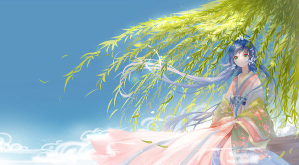 Обои на рабочий стол Vocaloid Luo Tianyi / Вокалоид Луо Тьянуй сидит под ветвями ивы, art by Yaduo