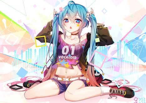 Обои на рабочий стол Vocaloid Hatsune Miku / вокалоид Хатсуне Мику сидит на коленях