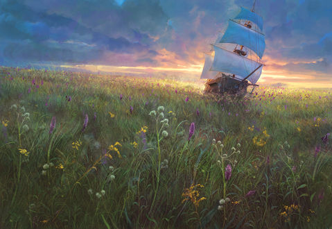 Обои на рабочий стол Парусник на поле с цветами, by Marc Simonetti
