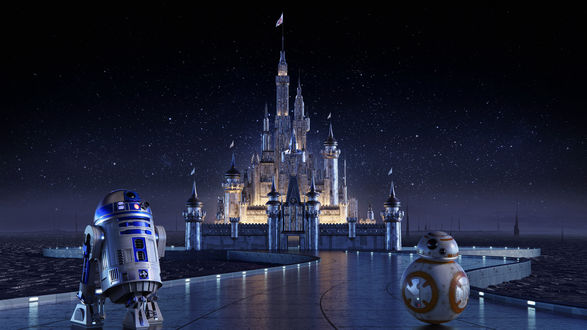 Обои на рабочий стол R2-D2, BB-8 два персонажа из Звездных войн на фоне Дисней замка
