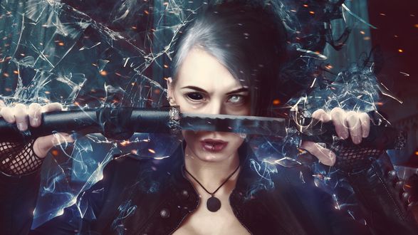 Обои на рабочий стол Девушка с демоническим глазом достает меч, автор AbbeyMarie