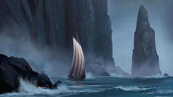 Обои на рабочий стол Парусник на воде на фоне скалистого берега, by Daria Ivaniuk