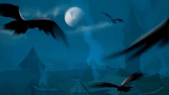 Обои на рабочий стол Вороны кружат над домами, by Daria Ivaniuk