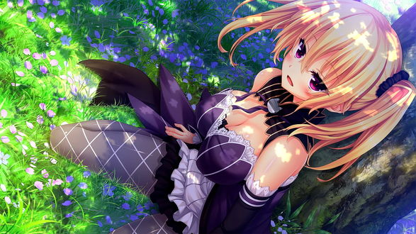 Обои на рабочий стол Patricia of End / Патриция Исхода из аниме Nora to Oujo to Noraneko Heart / Нора, принцесса и бродячая кошка сидит на лужайке с цветами