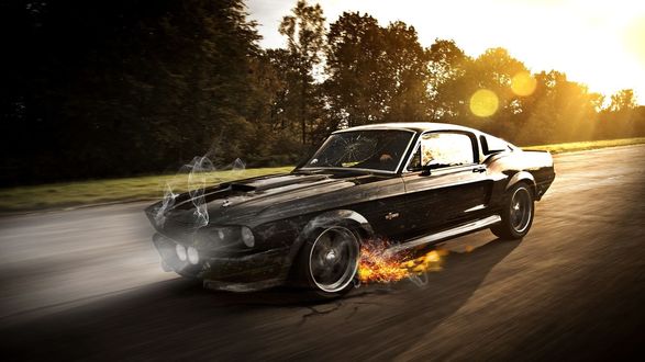 Обои на рабочий стол Ford Mustang Fastback мчится по дороге вдоль леса