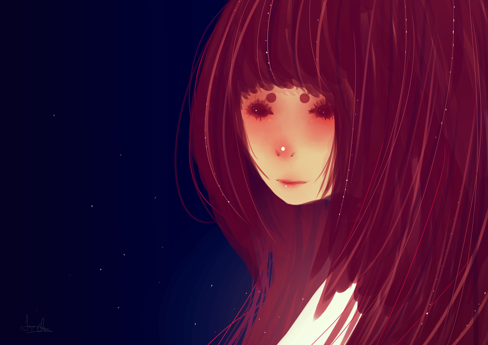 Обои для рабочего стола Девушка с красными волосами на фоне ночного неба, by SagaTale