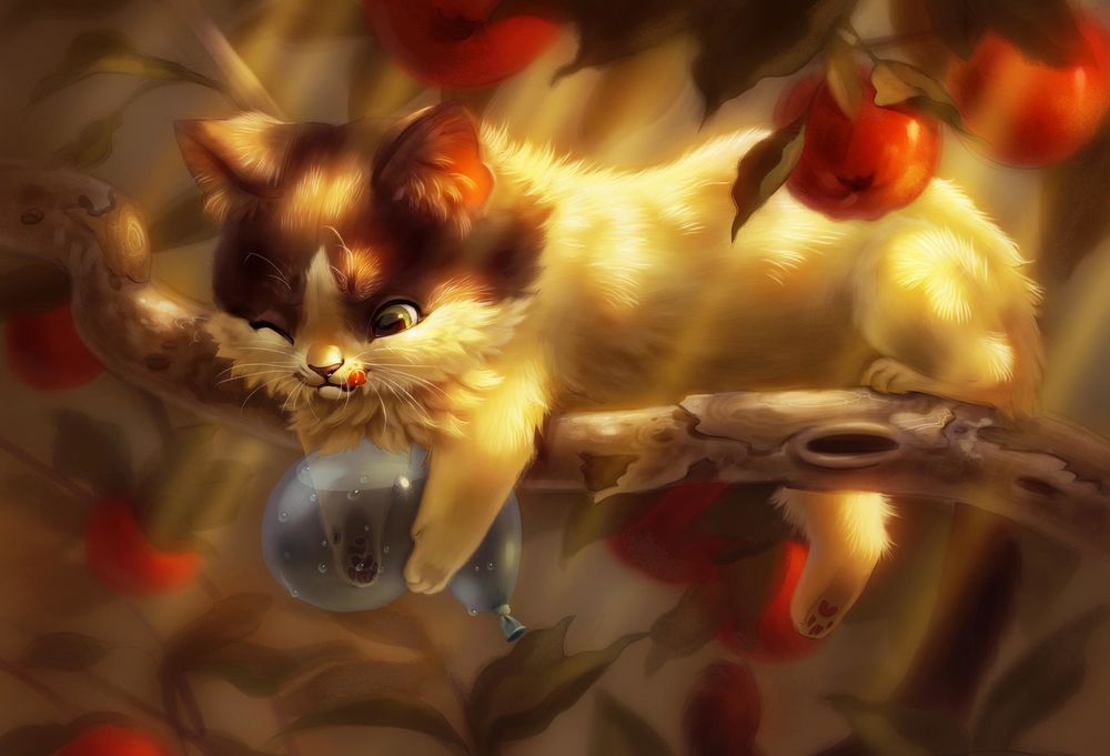 Обои для рабочего стола Кошка лежит на ветке дерева и держит в лапках шарик с водой, by Pixxus