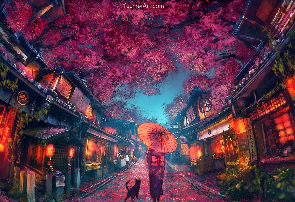 Обои для рабочего стола Девушка с зонтом рядом с черной кошкой идут по дороге, by Yuumei_Art