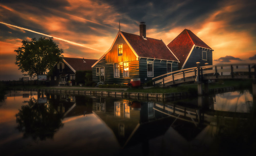 Обои для рабочего стола Закат в Zaanse Schans, Nederland / Заансе Сханс, Нидерланды, by Remo Scarfо
