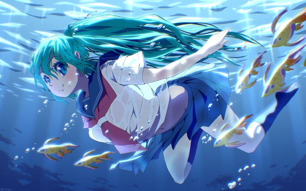 Обои для рабочего стола Vocaloid Hatsune Miku / Вокалоид Хатсунэ Мику в школьной матроске плывет под водой с рыбками